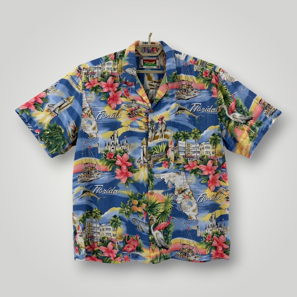 Vintage Banana Jack Mens XL Blue Florida Tropical Rayon Hawaiian Shirt